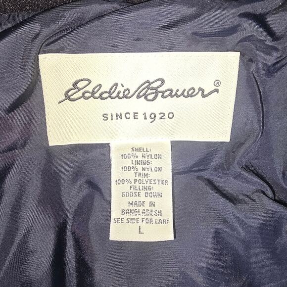 Eddie Bauer Black Goose Down Puffer Chore Coat Quilted Flap Pckts Snaps & Zip LG - Picture 5 of 9